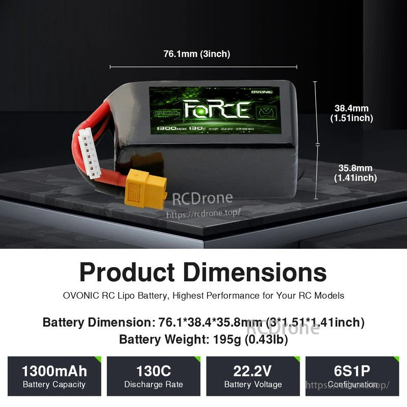 Ovonic Force 6S 1300mAh 22.2V LiPo battery dimensions chart showing 76.1×38.4×35.8mm and 195g weight