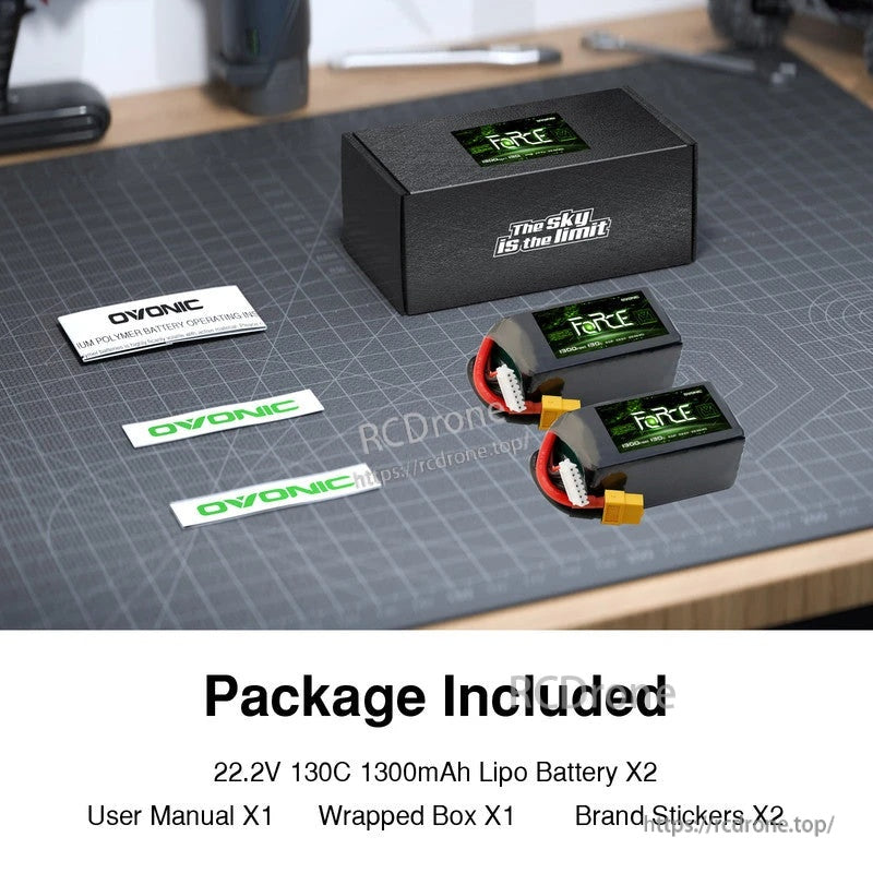 Ovonic Force 6S 1300mAh 130C 22.2V LiPo battery package contents with two packs, box, manual, and brand stickers