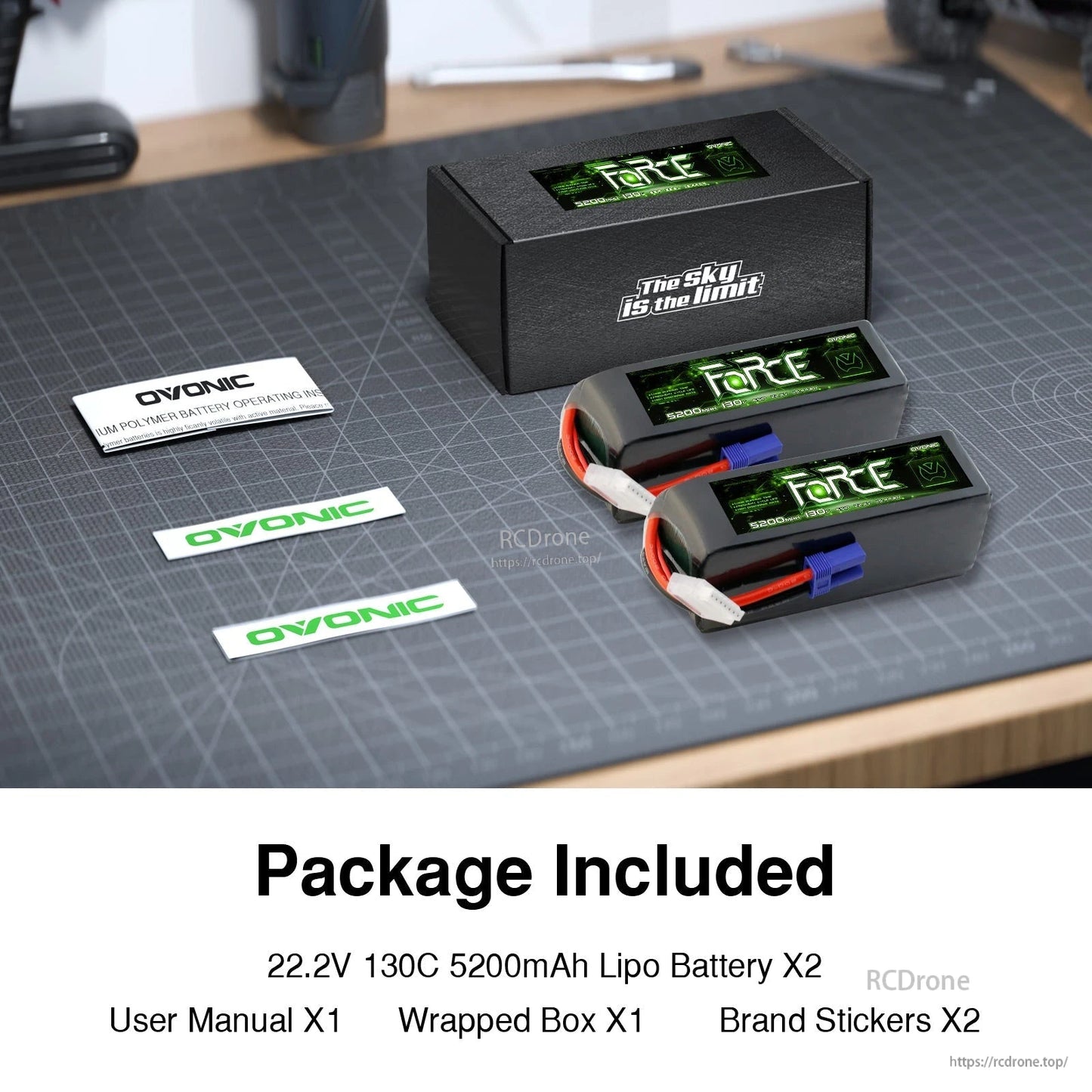 Package contents: two Ovonic Force LiPo batteries, retail box, user manual, and brand stickers