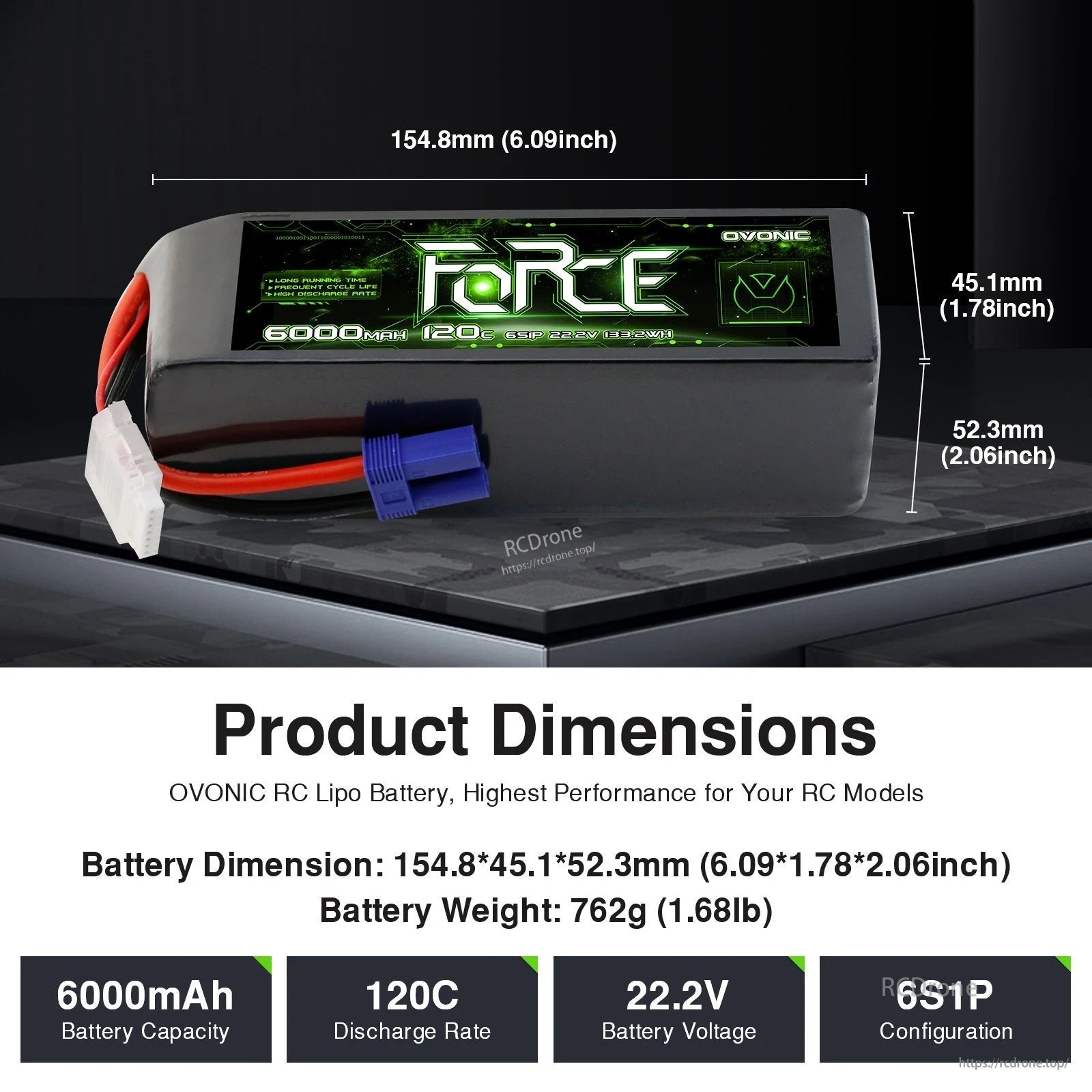 OVONIC Force 6S 6000mAh 120C 22.2V LiPo battery with EC5 plug, showing 154.8×45.1×52.3mm size