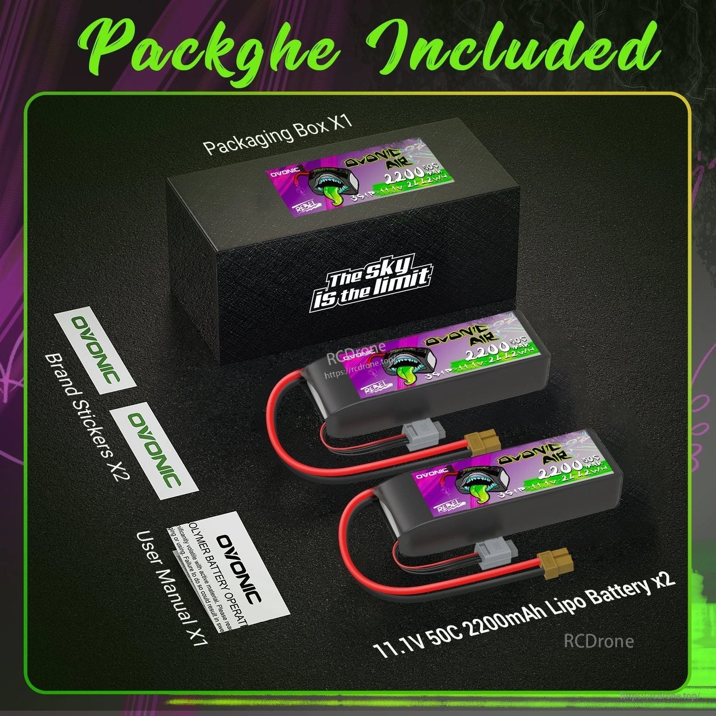 Package contents: Ovonic Rebel 2.0 3S 11.1V 2200mAh LiPo batteries x2, packaging box, brand stickers, user manual
