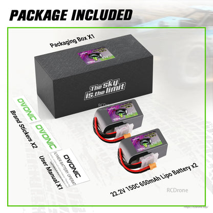 Package contents: two 22.2V 6S 650mAh LiPo batteries, storage box, brand stickers, and user manual