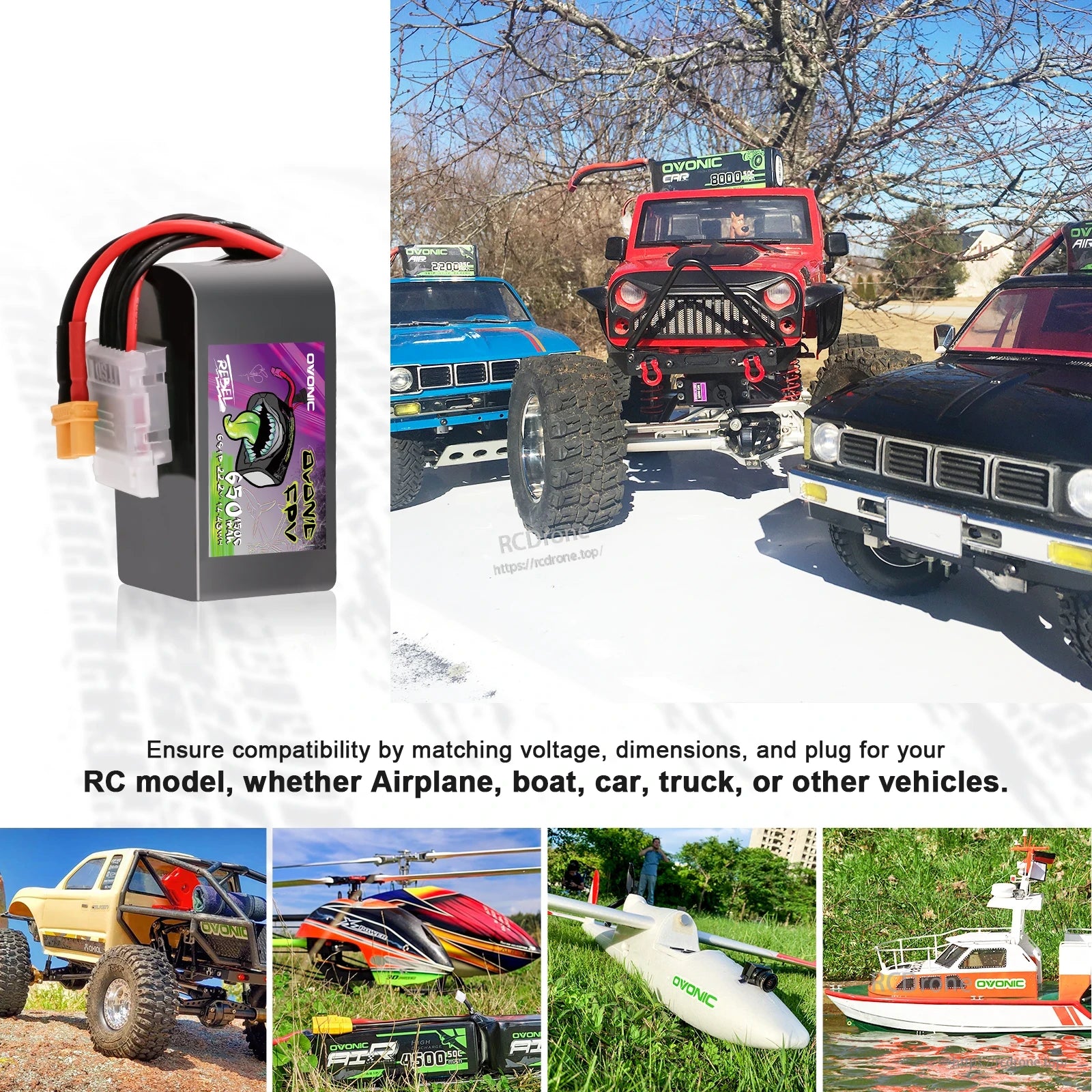 LiPo battery use cases for RC models shown: off-road cars, helicopter, airplane, and boat compatibility collage