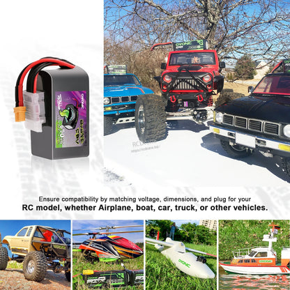 LiPo battery use cases for RC models shown: off-road cars, helicopter, airplane, and boat compatibility collage