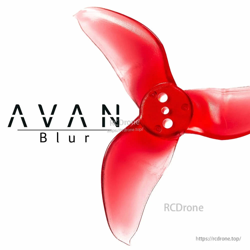 AVAN Blur three-blade propeller close-up in translucent red with RCDRone watermark