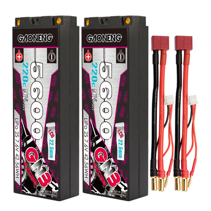 Two GAONENG GNB 5600mAh 2S LiHV hard case batteries with T-plug leads and balance connectors