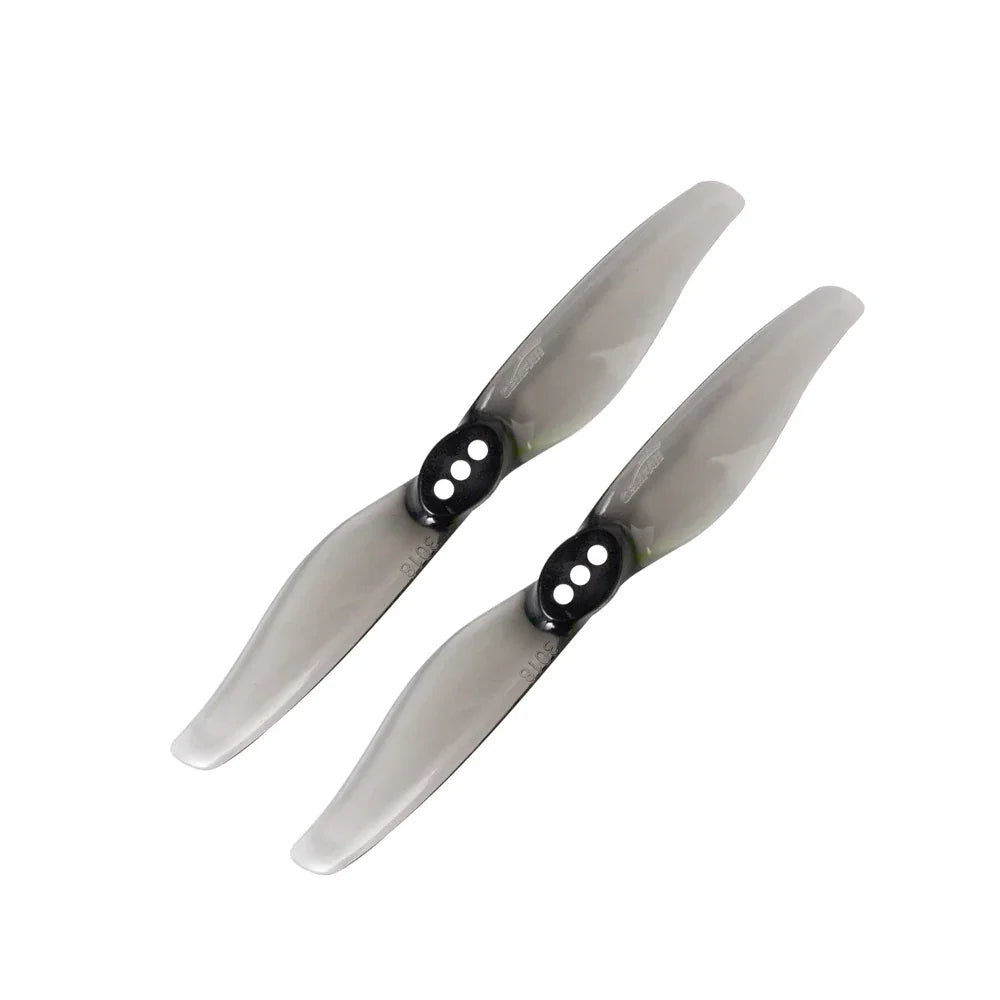 Pair of dark gray 2-blade drone propellers with black hub and three mounting holes