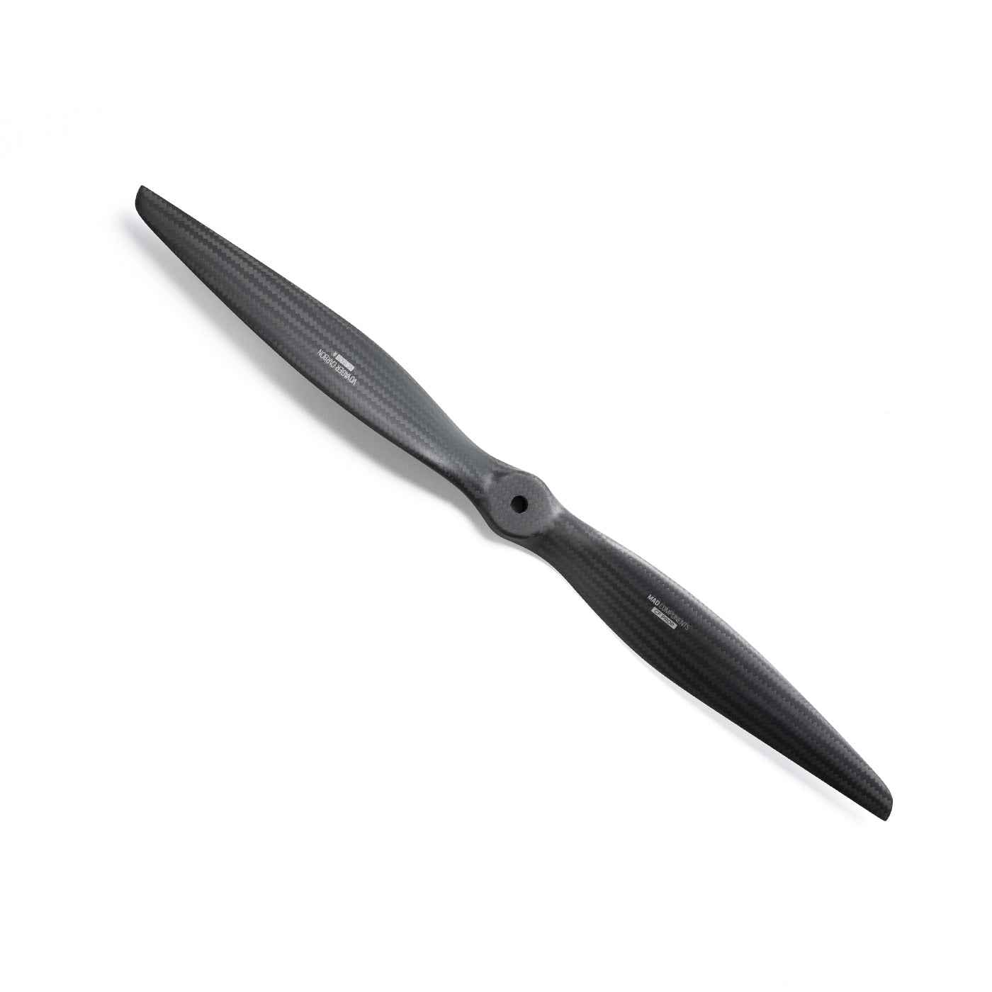 Two-blade carbon fiber propeller with visible weave finish and center mounting hub hole