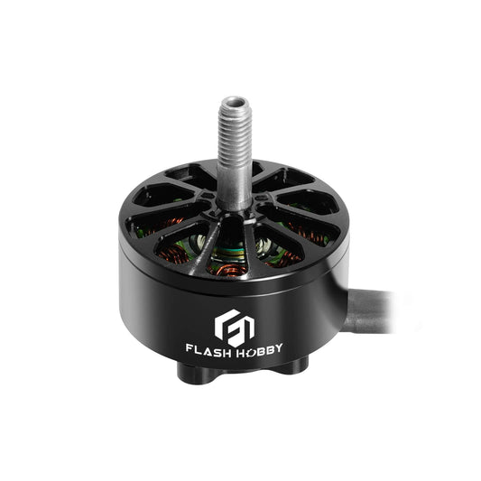 Flashhobby Arthur A2810 1100KV brushless motor with black housing, visible copper windings, and threaded shaft