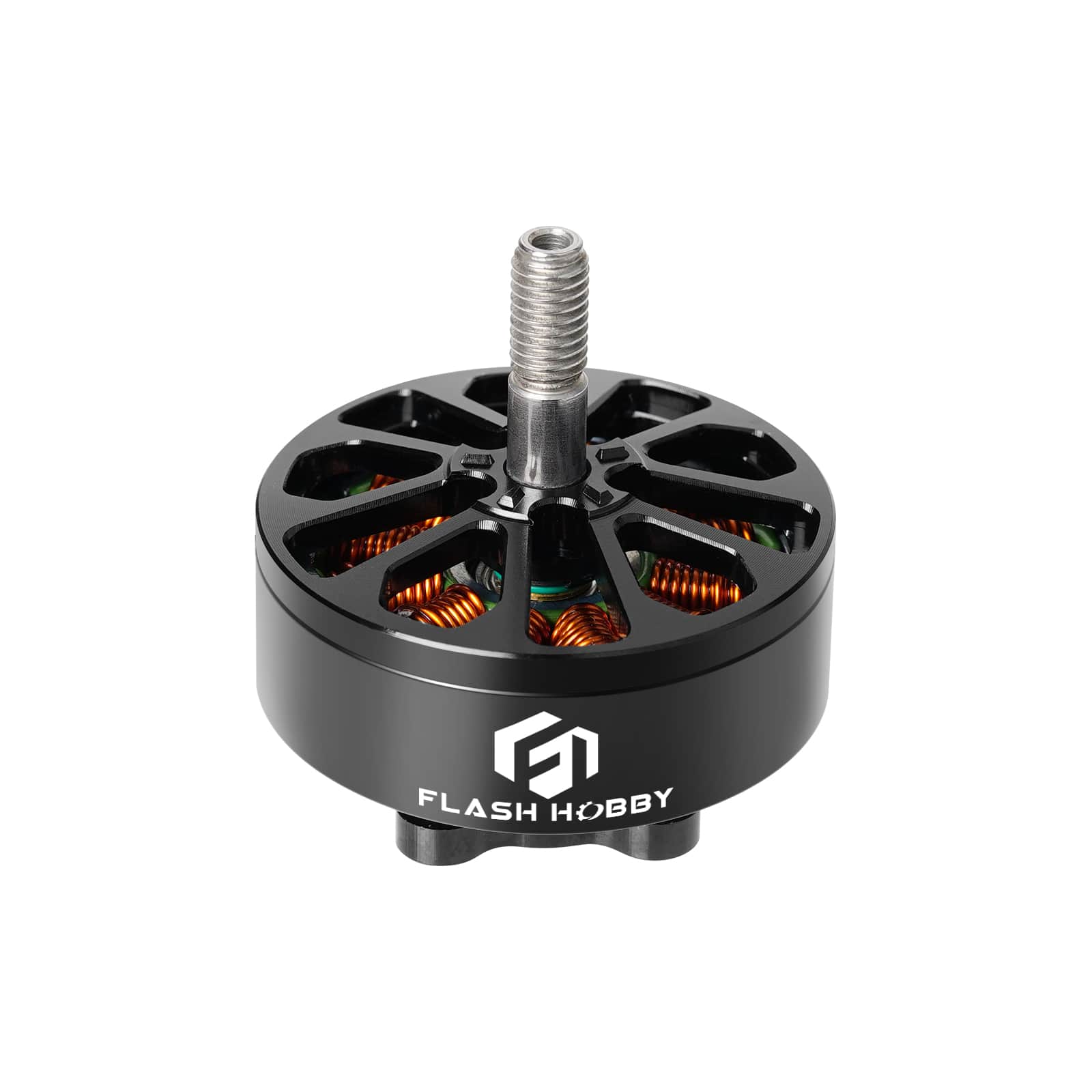 Flashhobby Arthur A3008 1150KV Brushless Motor, Flashhobby Arthur A3008 brushless motor with black open bell, visible copper windings, and threaded output shaft