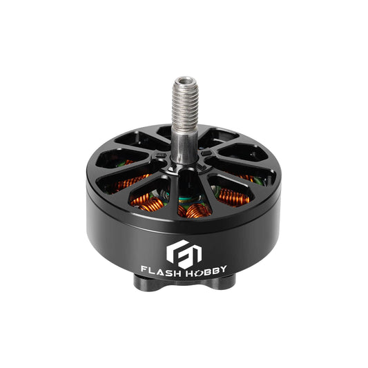 Flashhobby Arthur A3008 1150KV Brushless Motor, Flashhobby Arthur A3008 brushless motor with black open bell, visible copper windings, and threaded output shaft