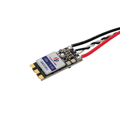 Flashhobby AM35 35A ESC board with AM32bit label, 3–6S marking, and pre-soldered power and signal wires