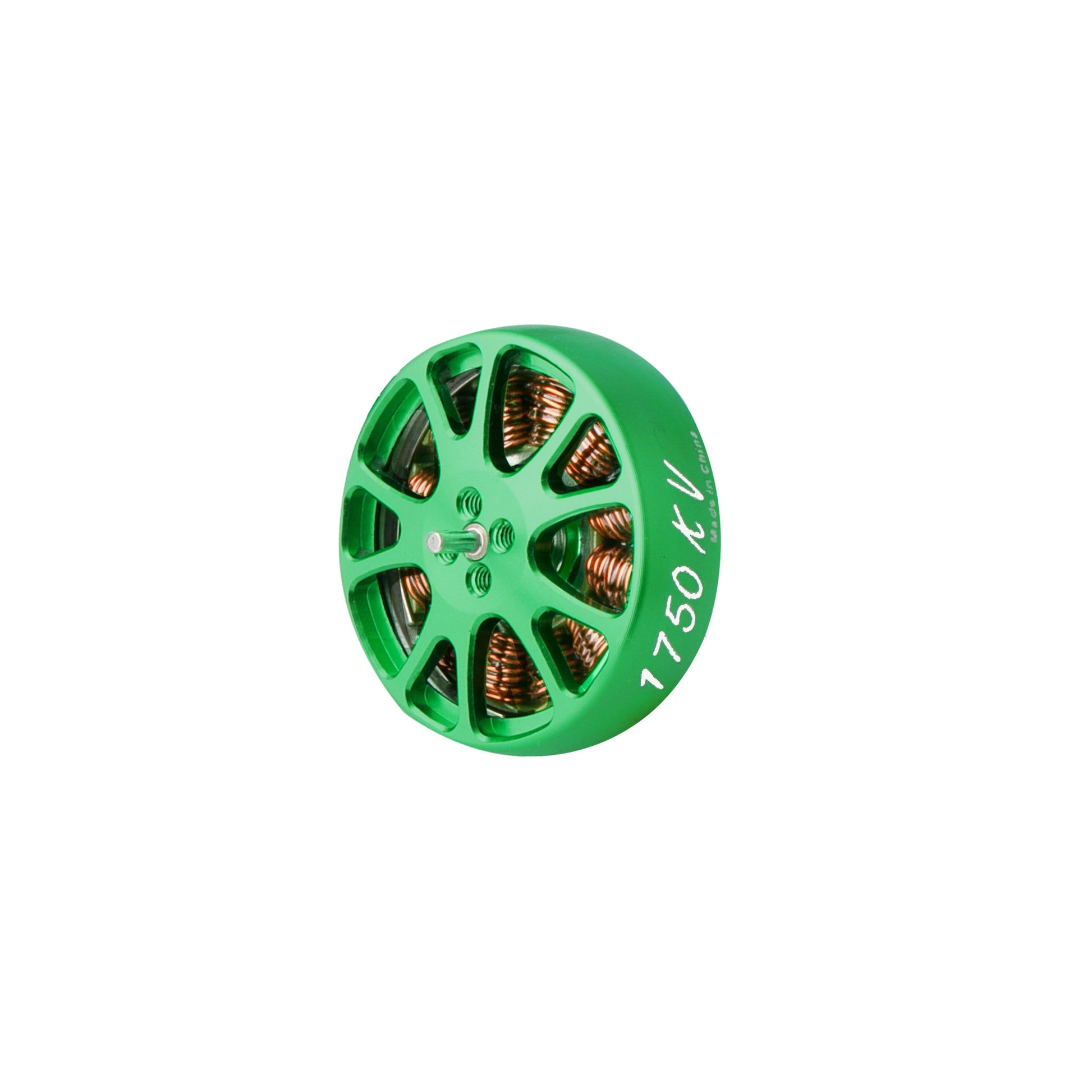 Green Flashhobby K2303 1750KV brushless motor with open-bell housing, exposed copper windings, and threaded shaft