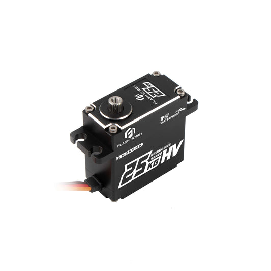 Flashhobby M25BHW Brushless Servo, Flashhobby M25BHW brushless HV servo with 25KG label, IP67 waterproof marking, black case and output spline