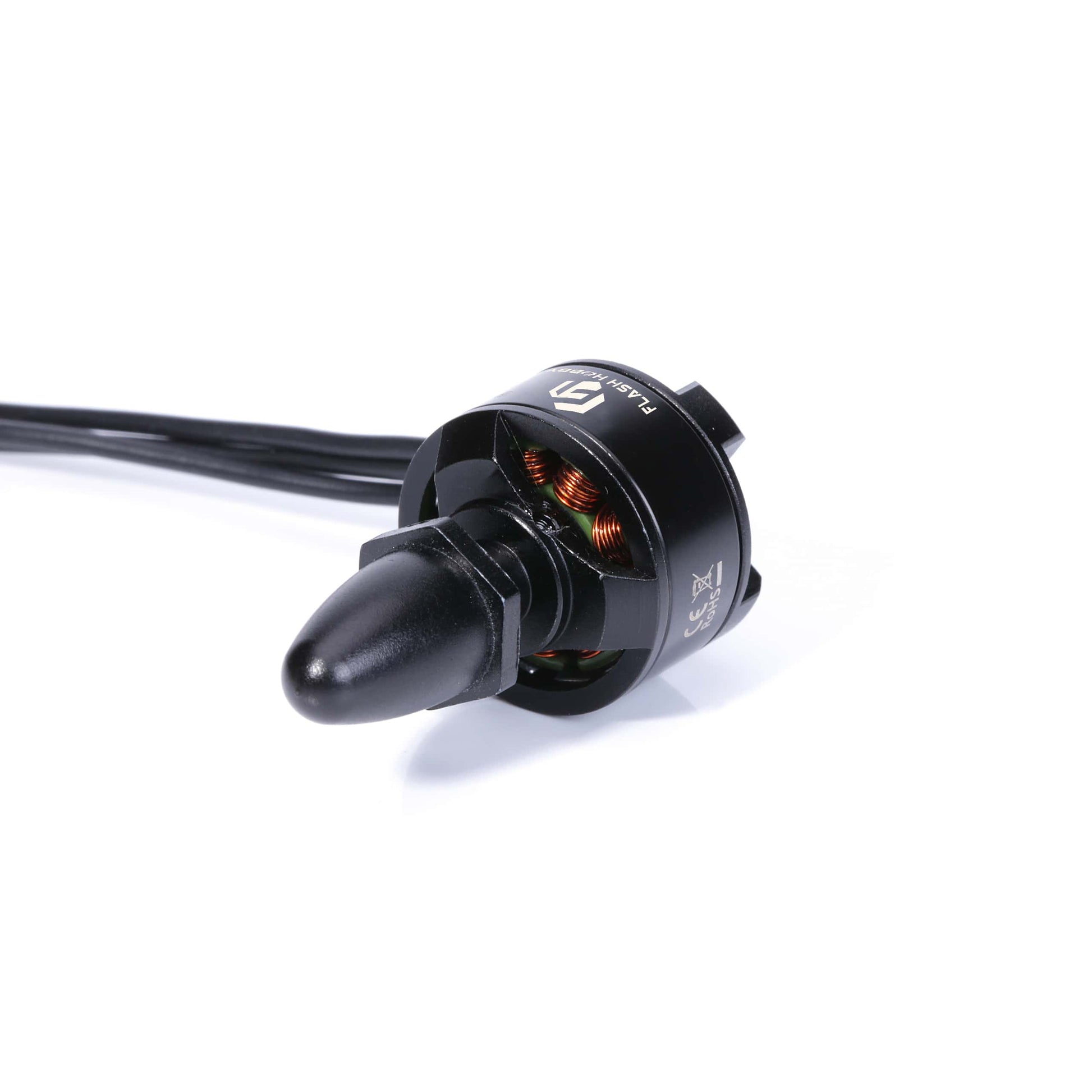 Flashhobby BX1306 brushless DC motor with black housing, exposed copper windings, and attached motor leads