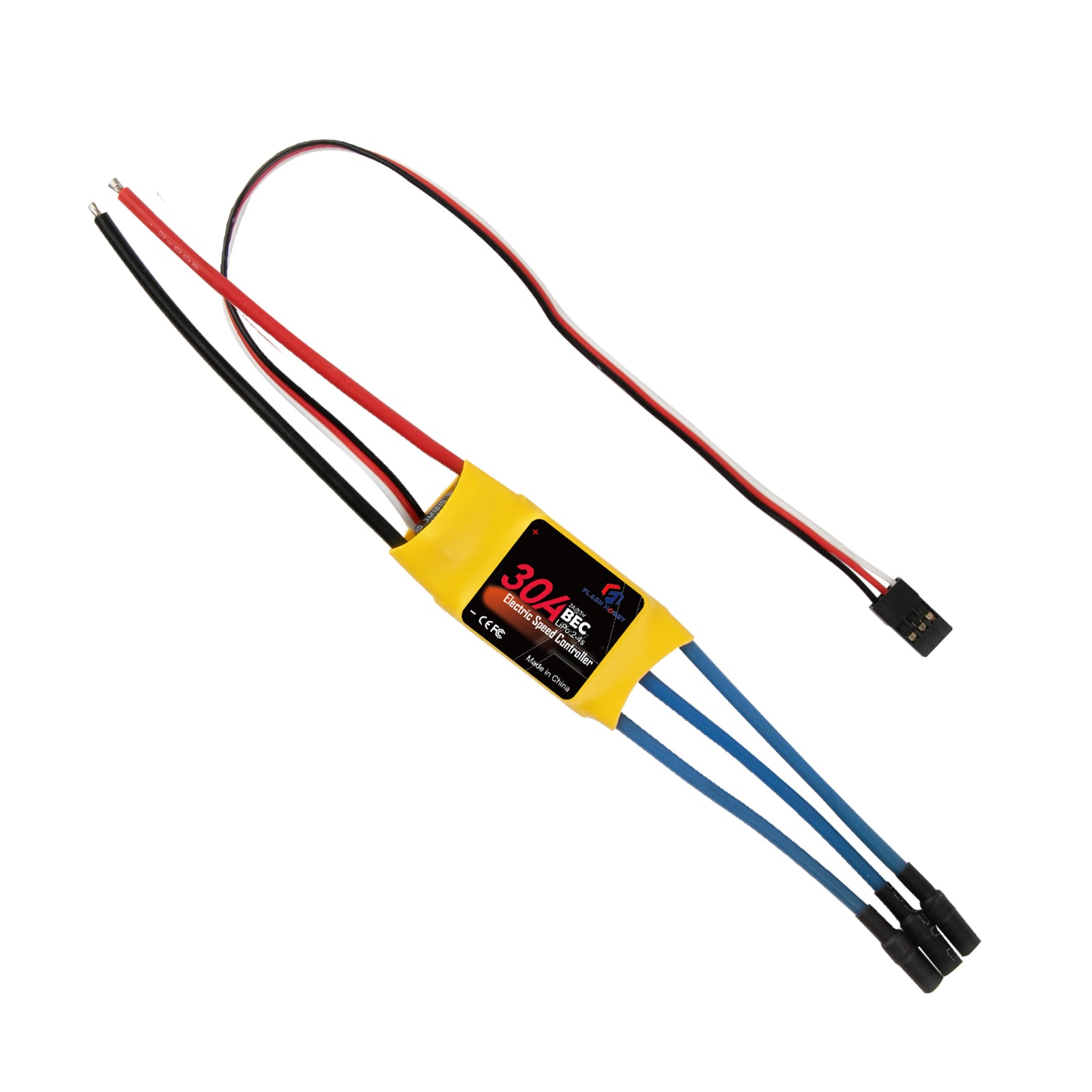 Flashhobby Spaceman 30A ESC with yellow shrink wrap, battery leads, servo plug, and three motor bullet connectors
