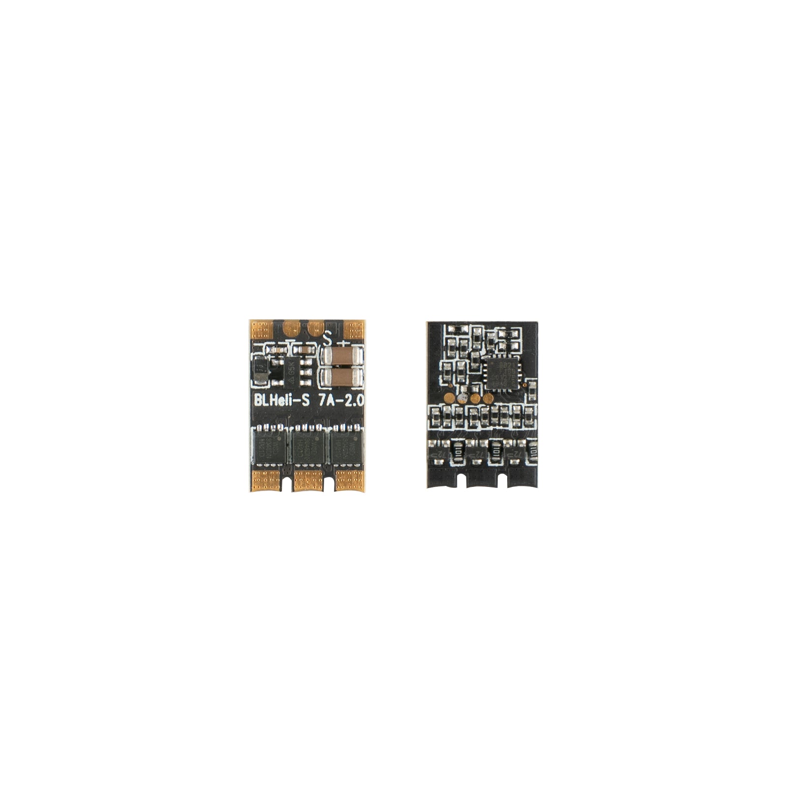 Flashhobby BLHeli_S 7A micro brushless ESC board, front and back view with labeled S and + solder pads