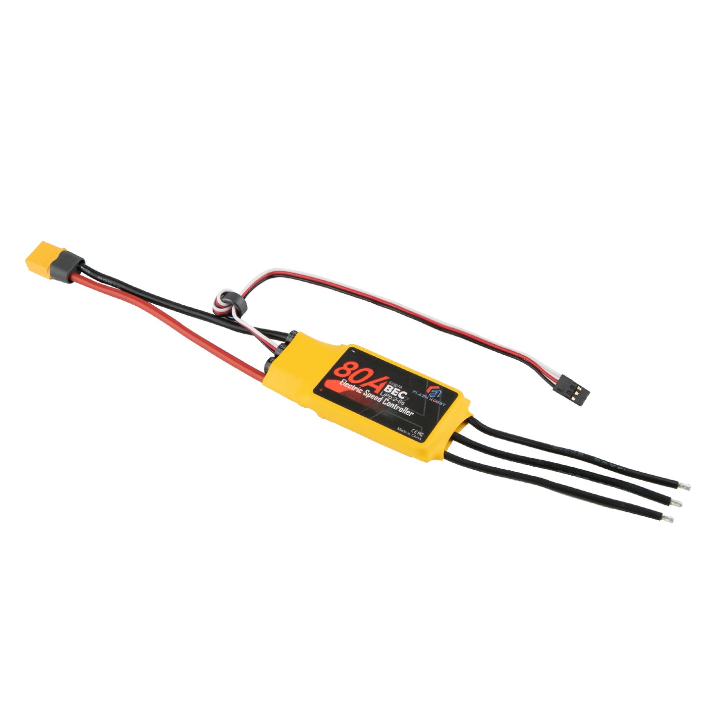 Flashhobby Spaceman 80A ESC, Flashhobby 80A brushless ESC with yellow heat-shrink case, XT60 battery plug, 3 motor leads, and servo signal wire