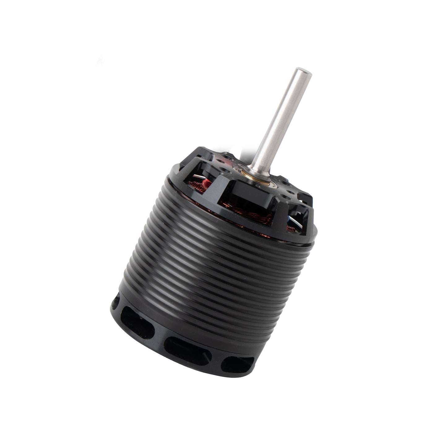 Flashhobby H700 530KV Helicopter Motor, Flashhobby H700 brushless helicopter motor with long steel shaft, ribbed black housing, and visible copper windings