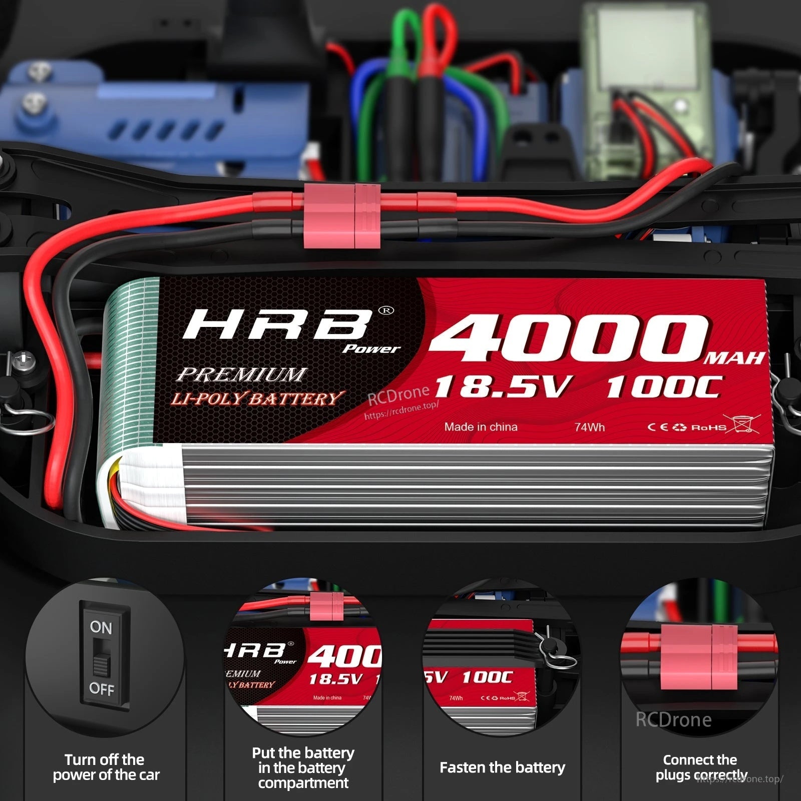 HRB 4000mAh 18.5V 5S LiPo installed in an RC car battery tray with secured power leads