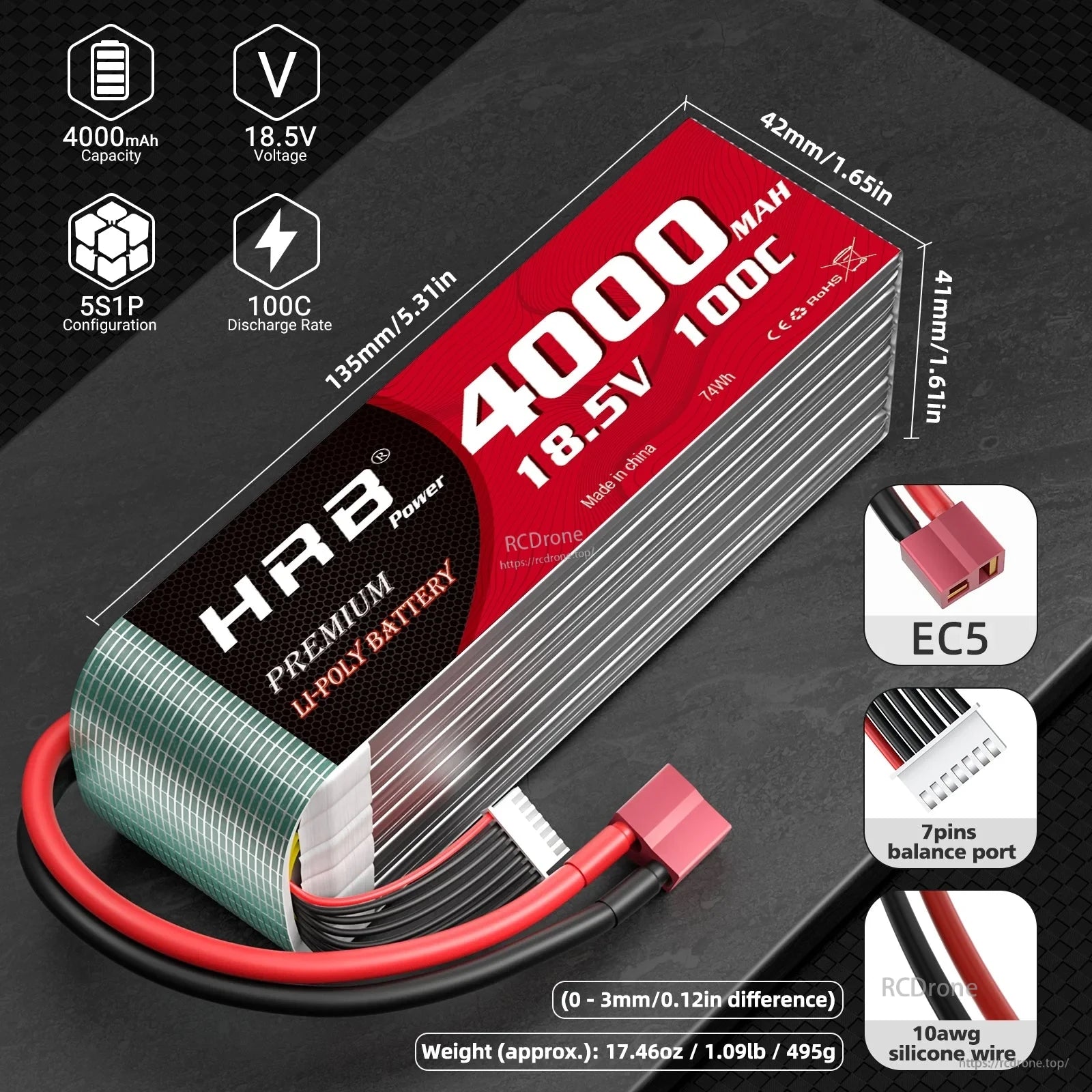 HRB 5S 18.5V 4000mAh 100C LiPo battery with EC5 plug, 7-pin balance port and size/weight callouts