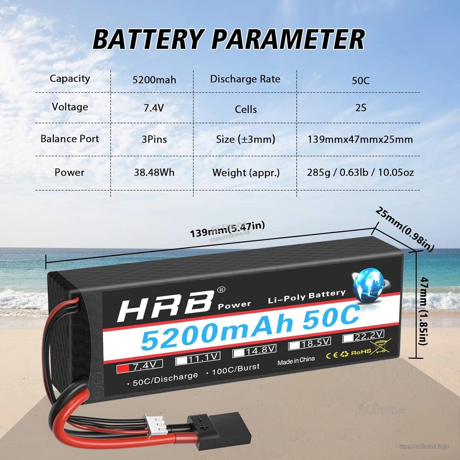 HRB 7.4V 2S 5200mAh 50C TRX hardcase LiPo battery with 3-pin balance lead and size 139×47×25mm