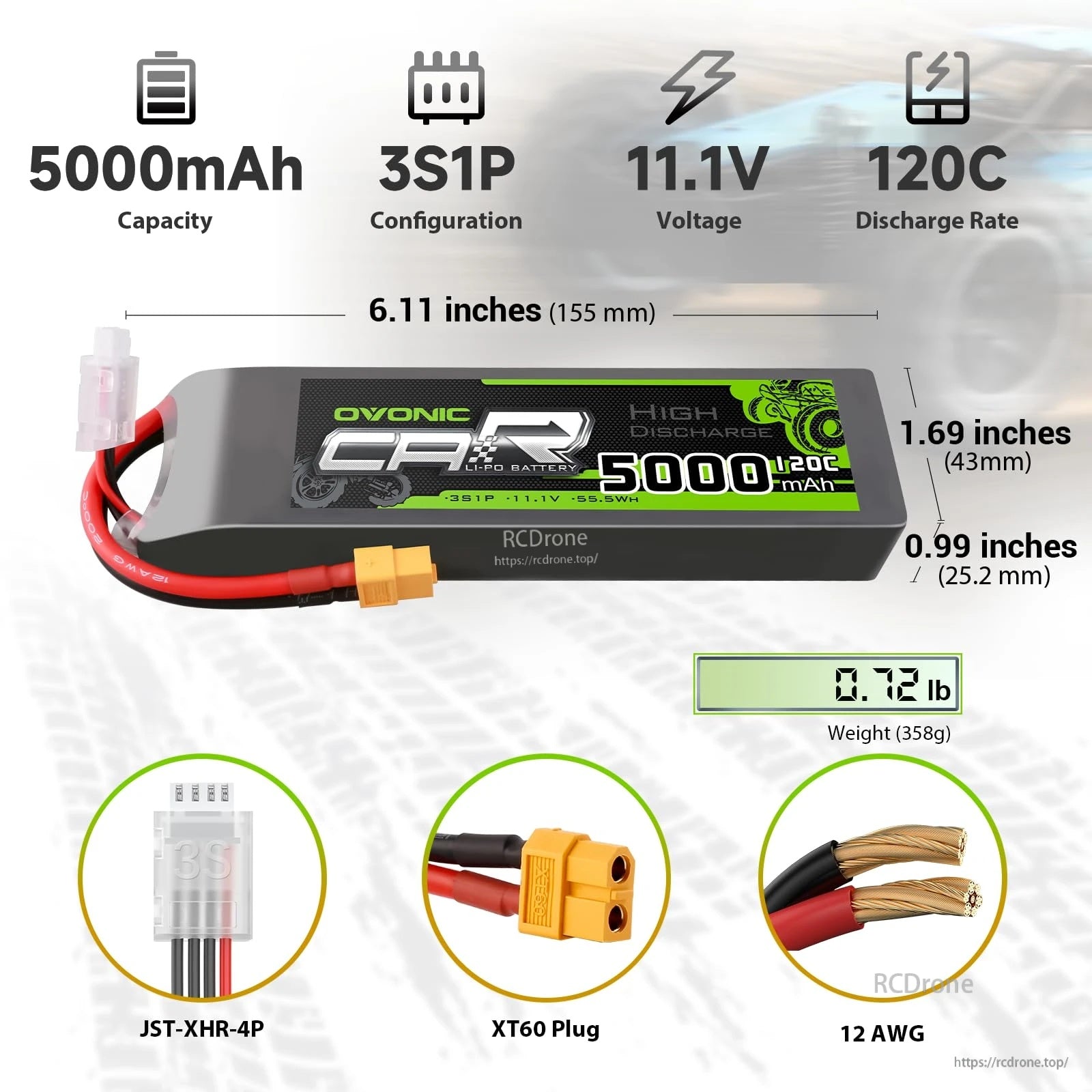 OVONIC 11.1V 5000mAh 3S 120C LiPo battery size chart with XT60 plug, JST-XHR balance lead, 12AWG