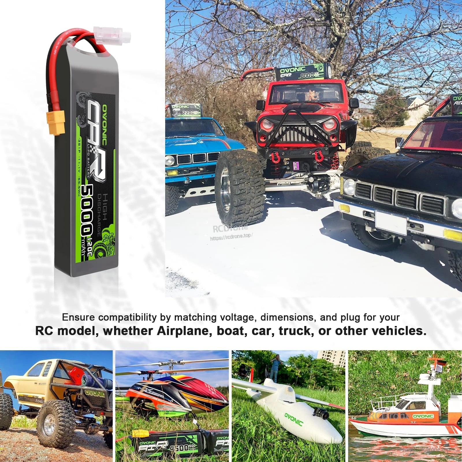 OVONIC 5000mAh 3S LiPo battery application collage for RC car, truck, boat, airplane and helicopter