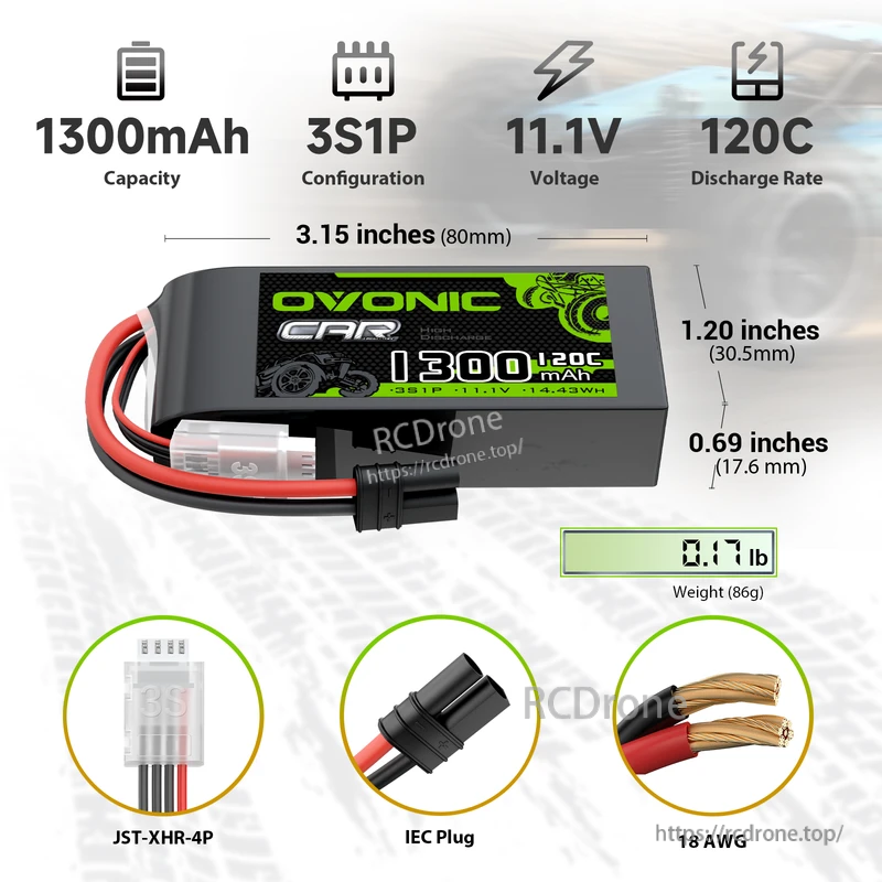 OVONIC 3S 11.1V 1300mAh 120C LiPo battery with IEC plug, JST-XHR-4P balance lead, size and weight callouts