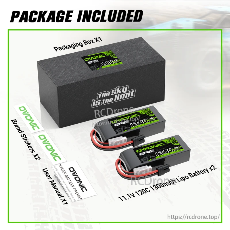 Package contents for OVONIC 2-pack 3S 11.1V 1300mAh 120C LiPo batteries, including box, stickers, and user manual