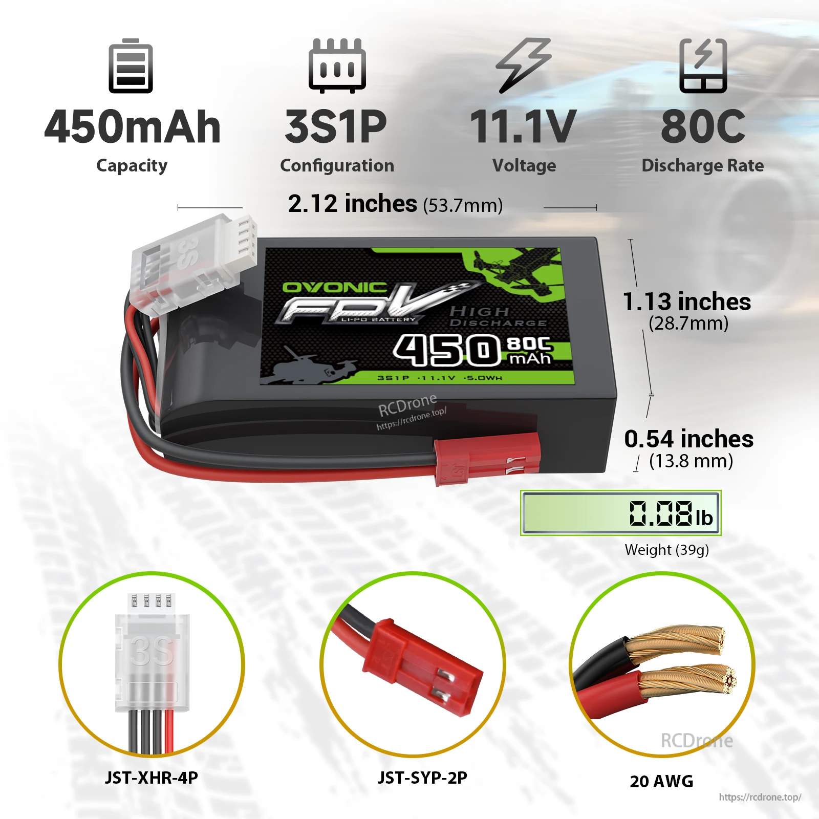 OVONIC 450mAh 3S 11.1V 80C LiPo battery with JST-SYP-2P lead, size/weight and 20AWG wire details