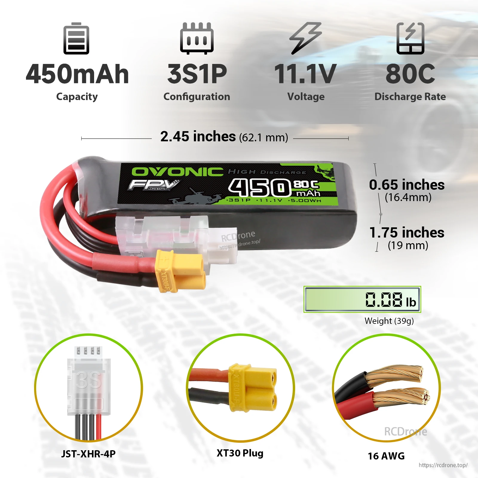 OVONIC 11.1V 450mAh 80C 3S long LiPo battery with XT30 plug, size 62.1×16.4×19mm and 39g weight