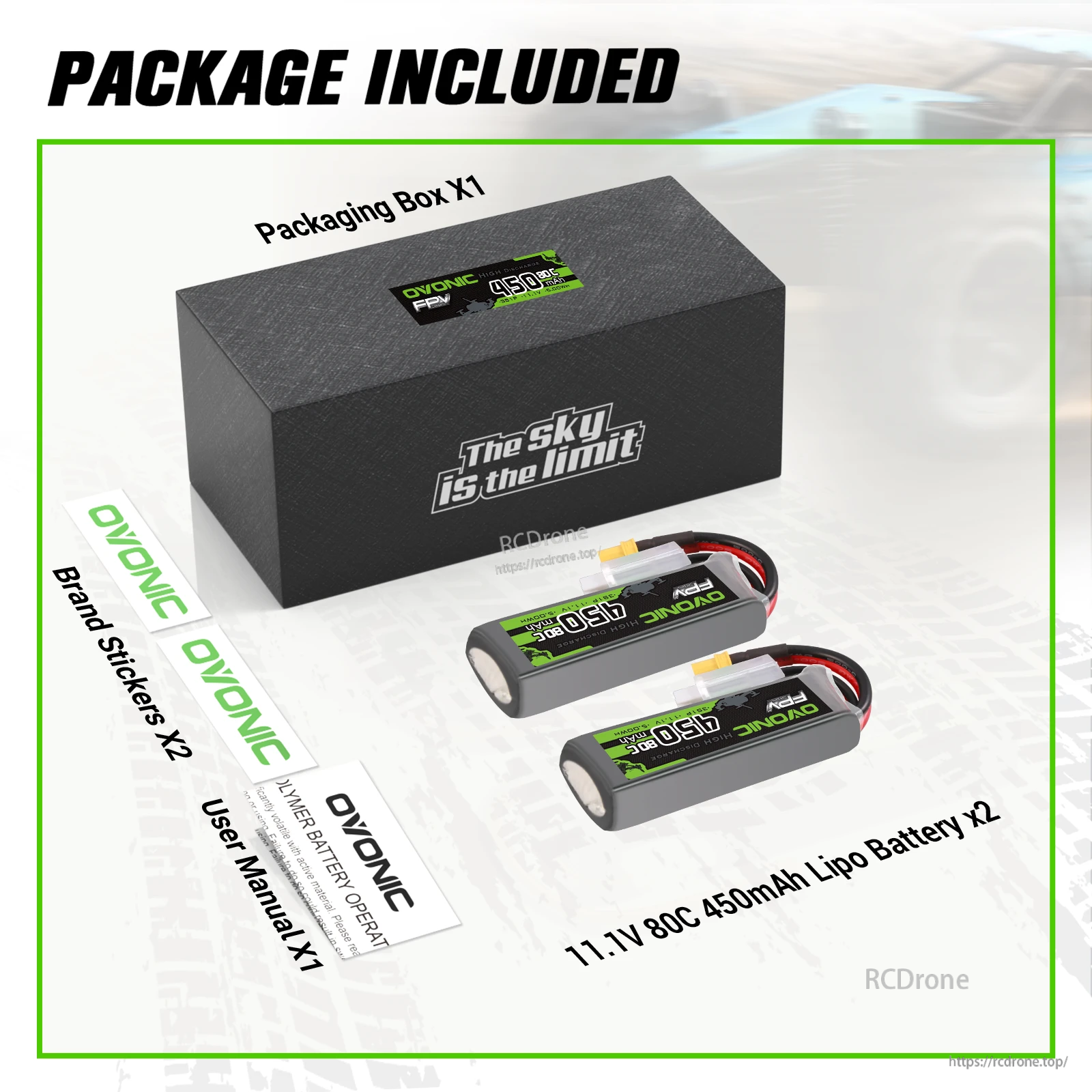 Package contents: two 11.1V 80C 450mAh LiPo batteries, packaging box, user manual, and OVONIC brand stickers