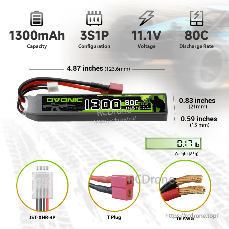 OVONIC 1300mAh 3S 11.1V 80C LiPo battery size and connectors: T plug, JST‑XHR‑4P, 16AWG wire