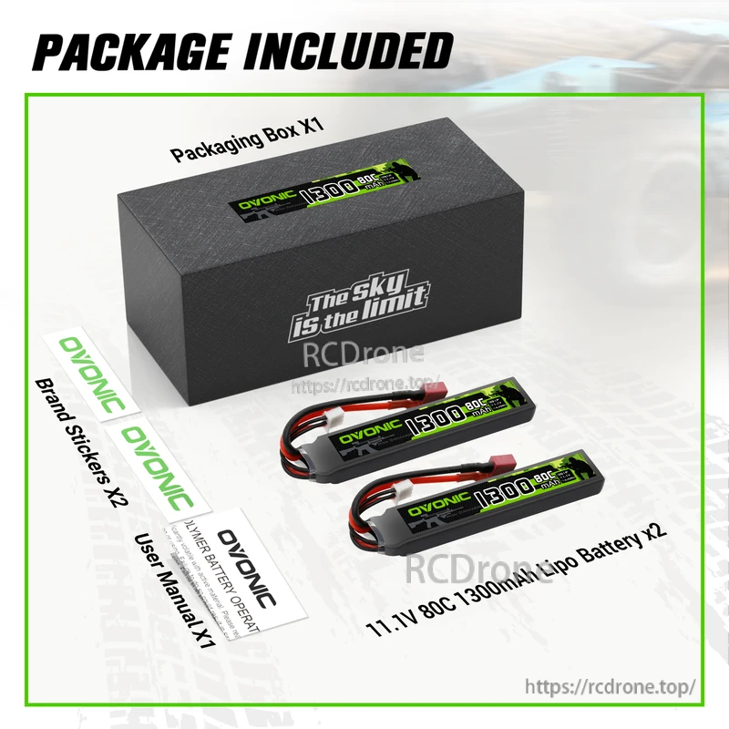 Package contents: two OVONIC 1300mAh 3S 11.1V 80C LiPo batteries, box, brand stickers, and user manual