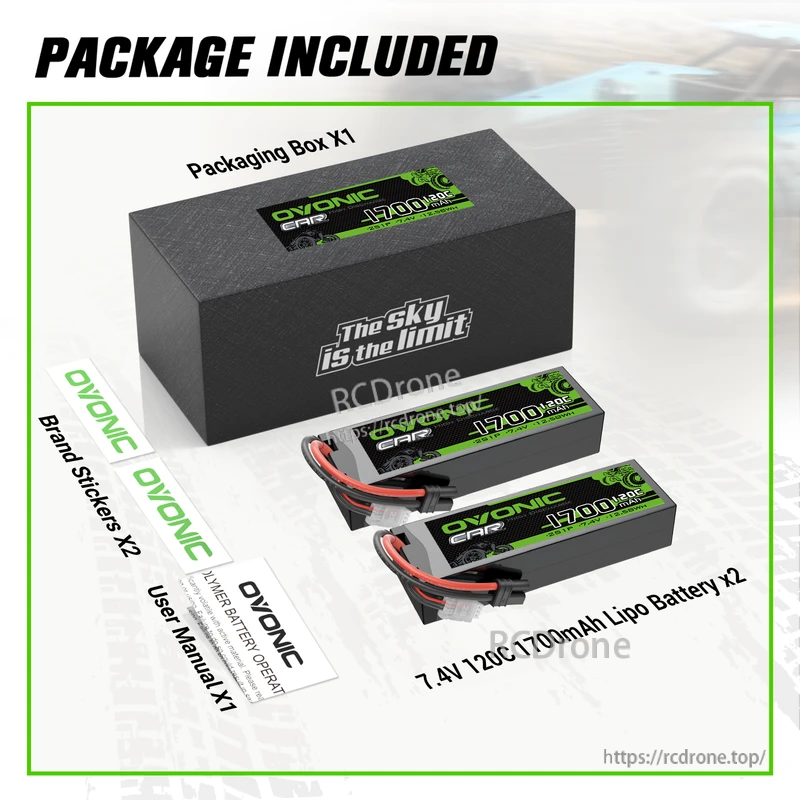 Package contents for OVONIC 1700mAh 7.4V 2S LiPo battery 2-pack: two packs, box, stickers and user manual