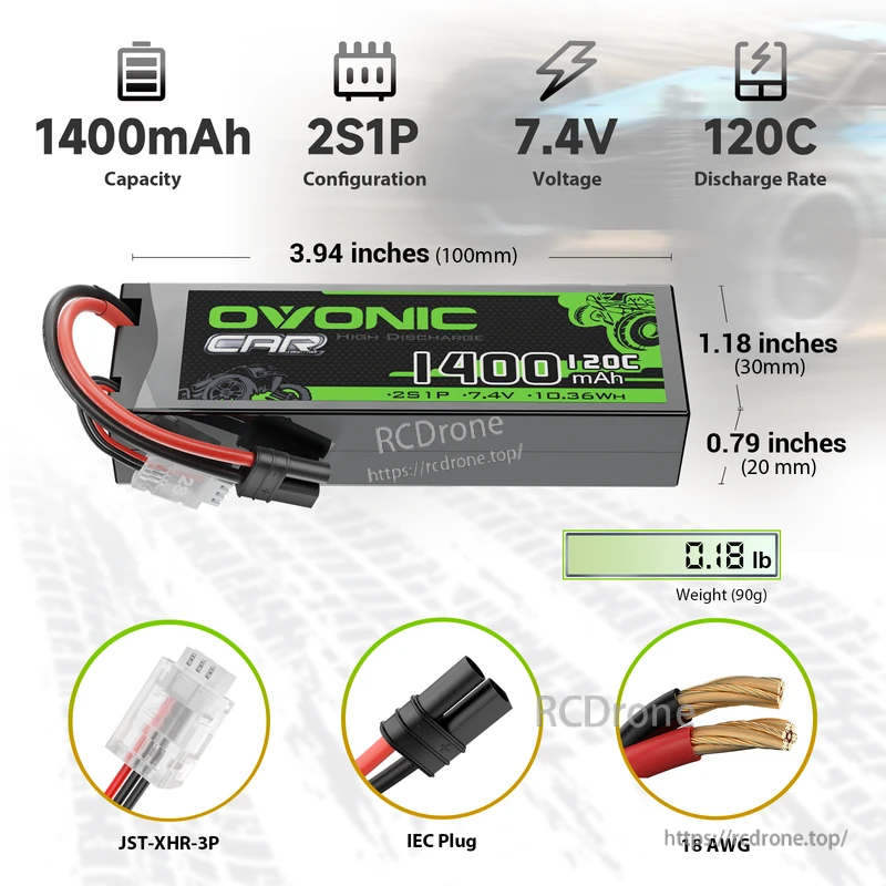 OVONIC 2S 1400mAh 120C 7.4V LiPo battery with IEC plug, 2S1P size 100×30×20mm and JST-XHR balance lead