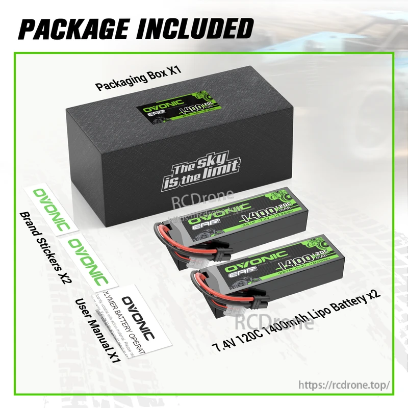 Package contents: two OVONIC 7.4V 1400mAh 120C 2S LiPo batteries with IEC plug, stickers, user manual, and box
