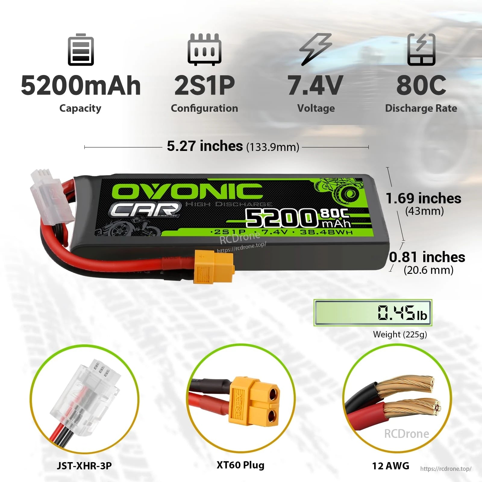 OVONIC 2S 5200mAh 7.4V 80C LiPo battery size guide with XT60 plug, JST-XHR balance lead and 12AWG wire