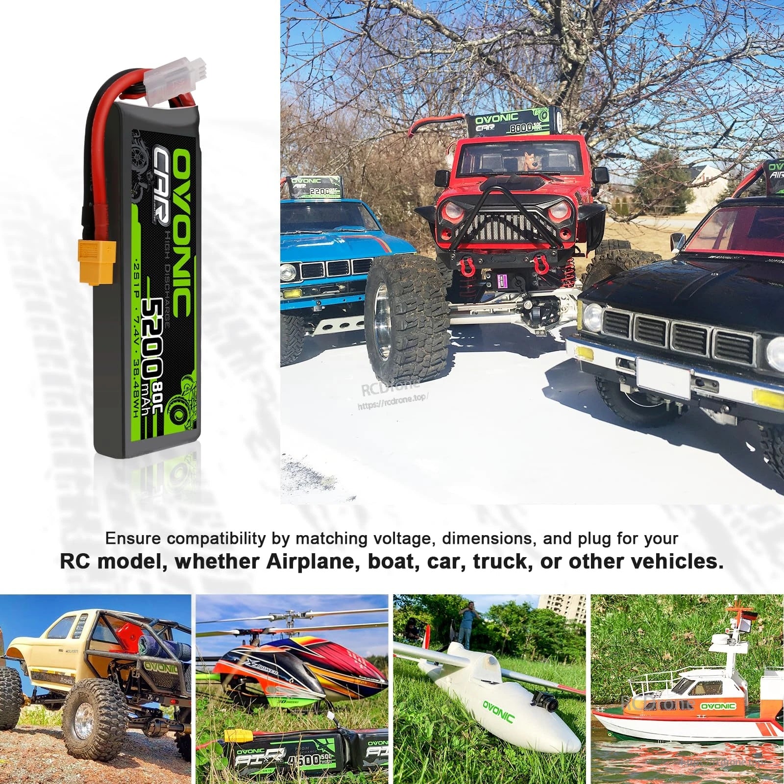 OVONIC 2S 5200mAh LiPo battery application collage for RC car, truck, boat and airplane; match voltage, size and plug