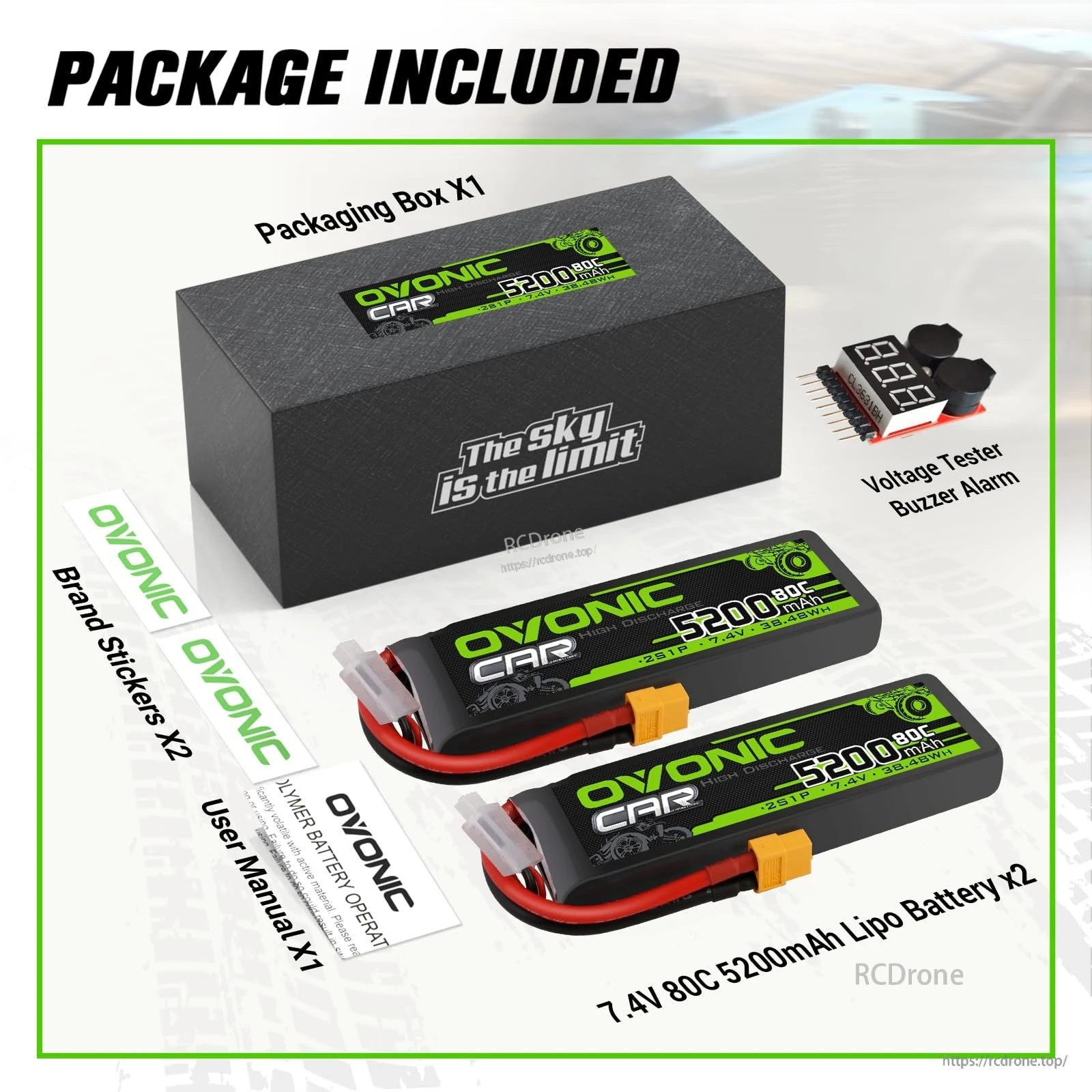 Package contents: two OVONIC 2S 5200mAh 7.4V 80C LiPo batteries with XT60 plus voltage checker/buzzer, manual, stickers and box