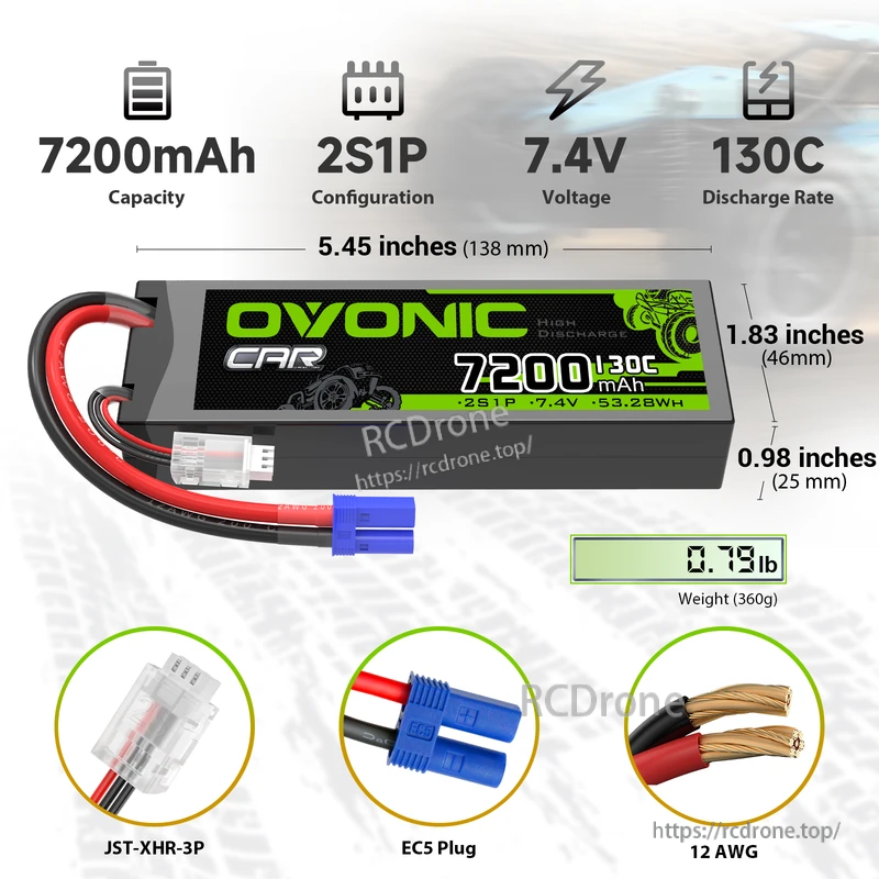 OVONIC 2S 7200mAh 130C 7.4V hardcase LiPo battery with EC5 plug, 12AWG leads, size and weight specs