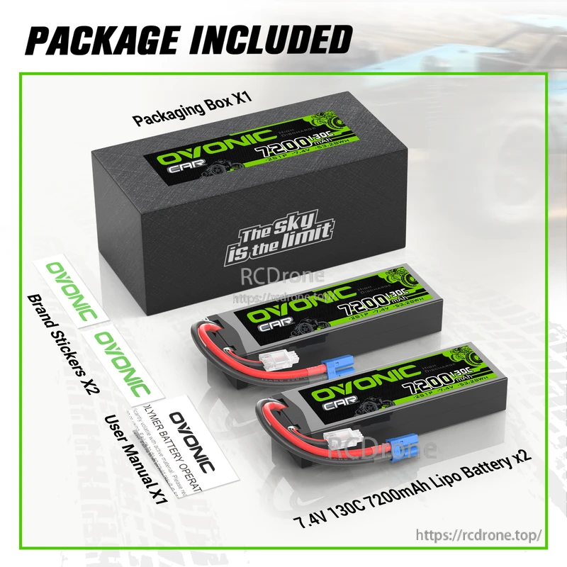Package contents for OVONIC hardcase LiPo 2-pack: two 7.4V 7200mAh packs, box, stickers and user manual