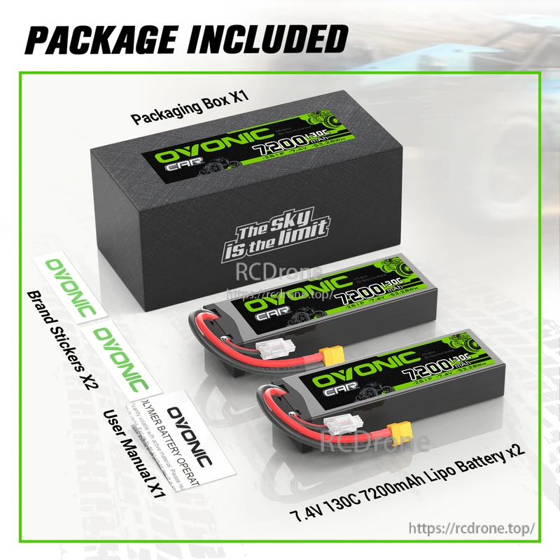 Package contents: two OVONIC 2S 7200mAh 7.4V 130C hardcase LiPo batteries, box, brand stickers, and user manual