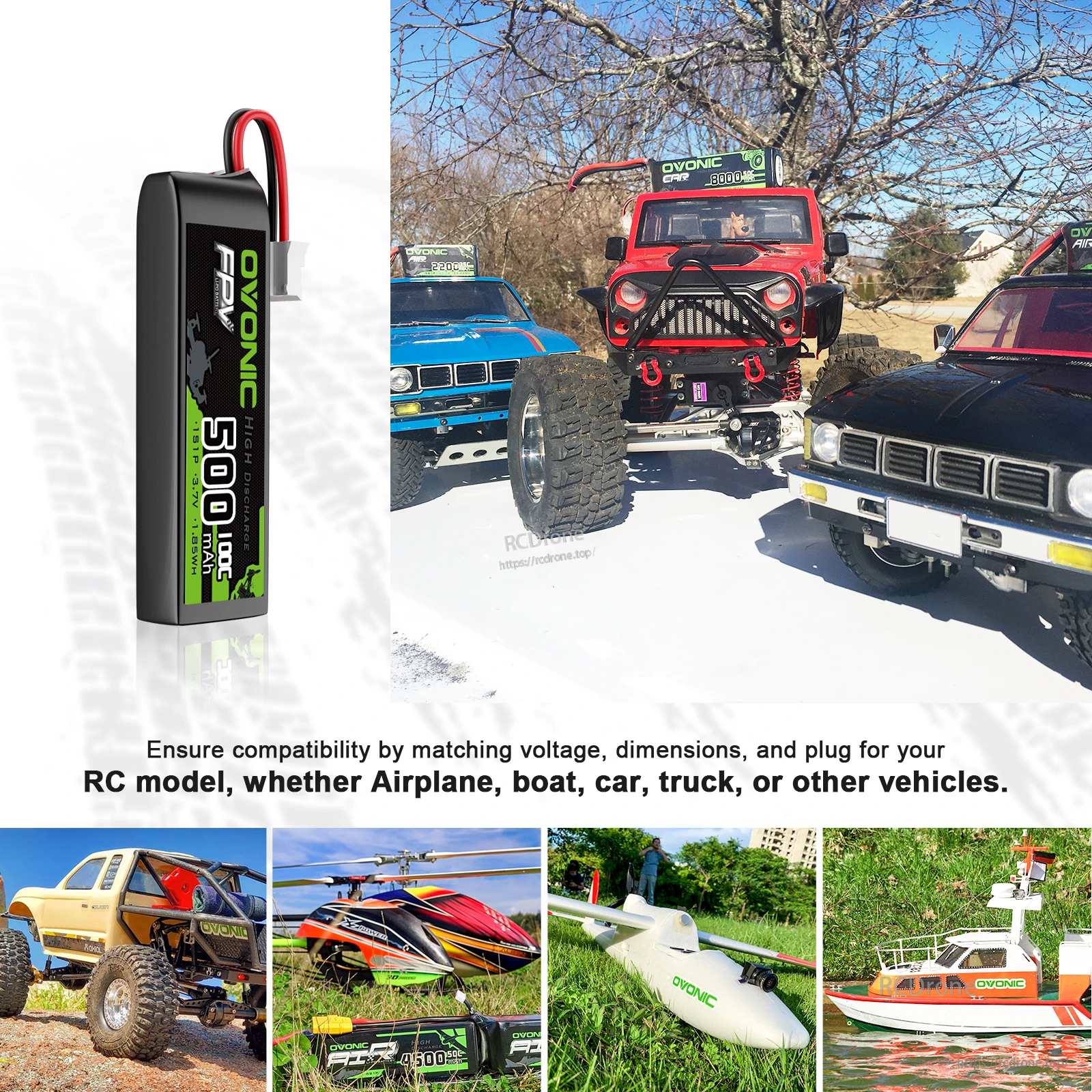 OVONIC 500mAh 1S LiPo battery pictured with RC cars, truck, airplane, helicopter and boat compatibility collage