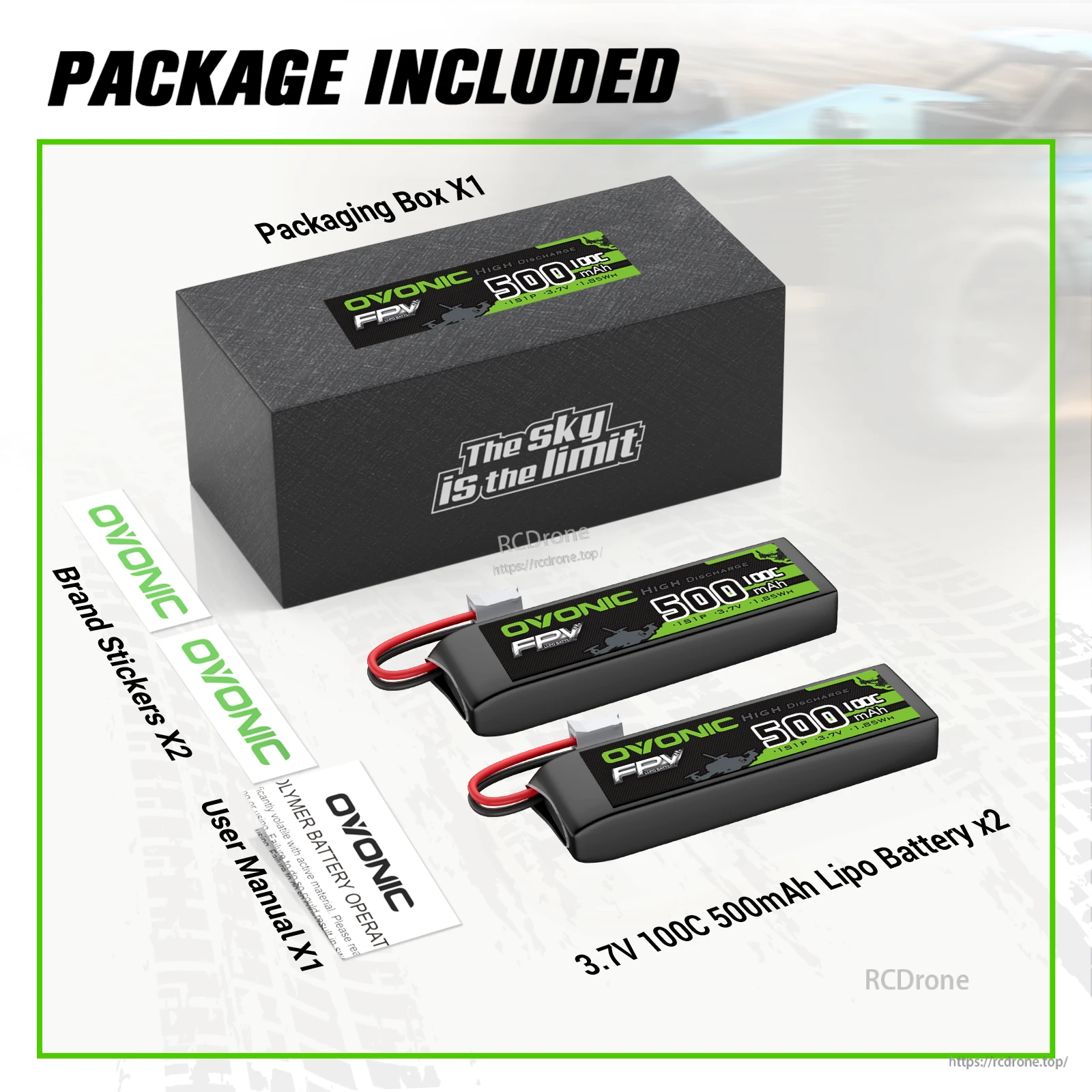 Package contents with two OVONIC 3.7V 500mAh 100C 1S long LiPo batteries, box, stickers and user manual