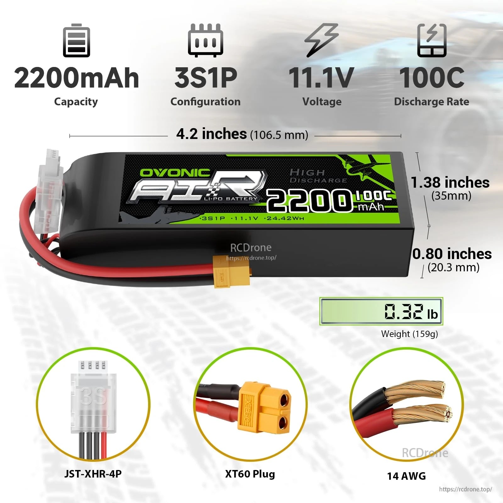 OVONIC 2200mAh 3S 100C 11.1V LiPo battery with XT60 plug, JST-XHR-4P balance lead, size and weight
