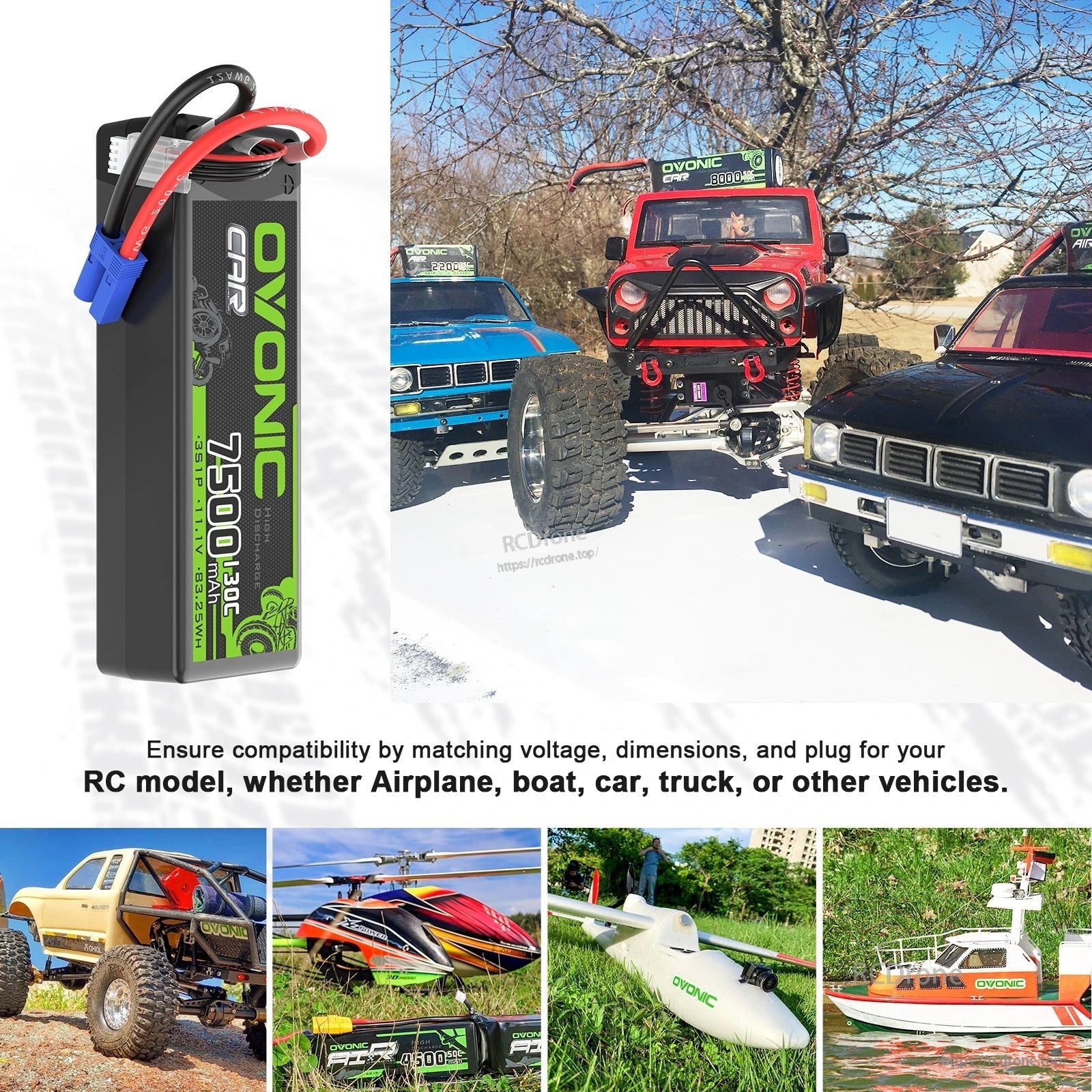 OVONIC 3S hardcase LiPo battery shown with RC trucks and model vehicles, emphasizing fitment by voltage, size and plug type
