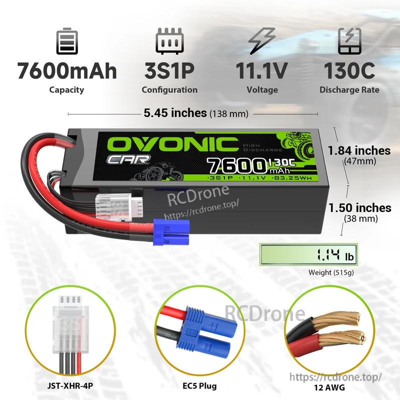 2 x OVONIC 3S 7600mAh Hardcase 130C 11.1V Lipo Battery with EC5 Plug for 1/8 & 1/10 Scale RC Car Boat Helicopter
