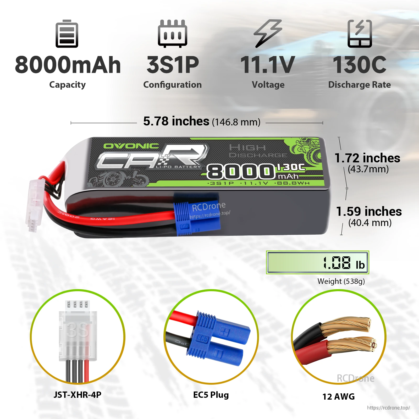 OVONIC 2-Pack 3S 8000mAh 11.1V 130C LiPo battery size chart with EC5 plug, 12AWG leads and JST-XHR-4P